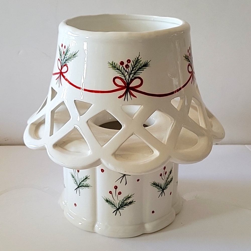 Blue Sky by Clayworks PINEBERRIES 2 Pc Ceramic Candle Lamp Christmas Holiday